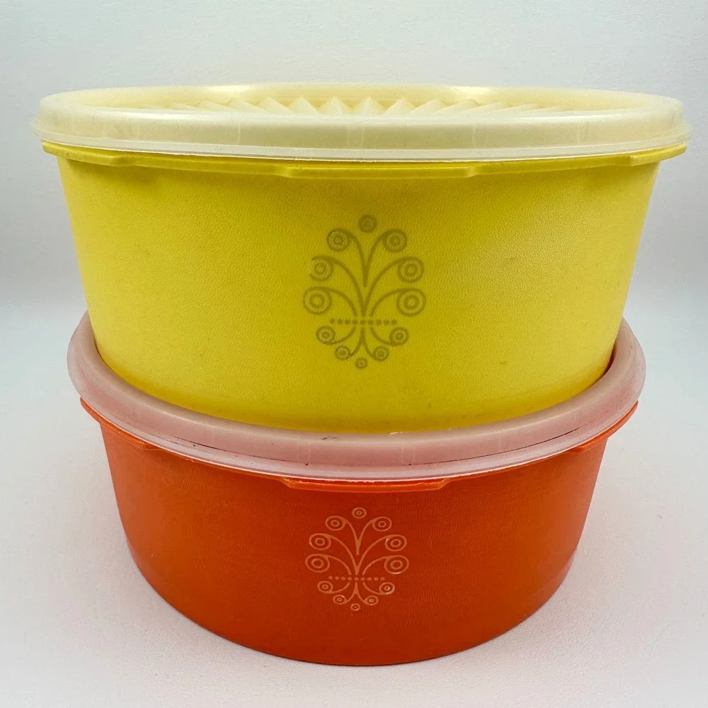 Tupperware Servalier Storage Containers Orange Yellow Set of 2 w/Clear Lids 1204